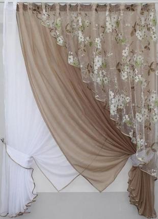 Фіранка на кухню, балкон (300х170см) з підв'язками. колір темно бежевий з білим