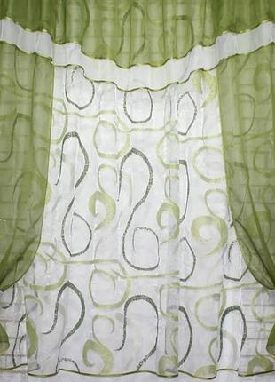 Кухонний комплект (270х170см) шторки з тюлью і ламбрекеном. колір оливковий з білим