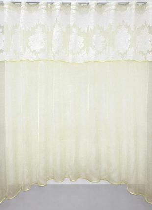 Кухонна фіранка (290х170см) з шифону та жатки. колір бежевий з білим1 фото