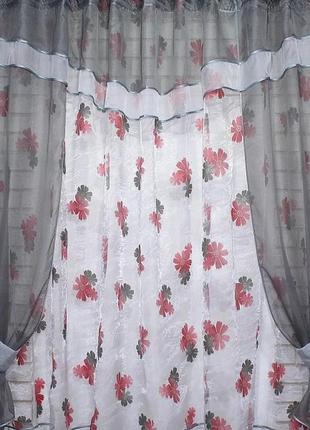 Кухонний комплект (270х170см) шторки з тюлью і ламбрекеном. колір графітовий з білим