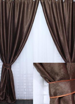 Комплект готовий штор із тканини блекаут каут "софт". колір темно-коричневий1 фото