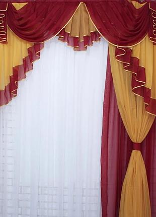 Комплект ламбрекен со шторами из шифона на карниз 2м, цвет бордовый с янтарным
