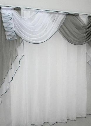 Кухонний (200х150см) ламбрекен з тюллю. колір сірий з білим