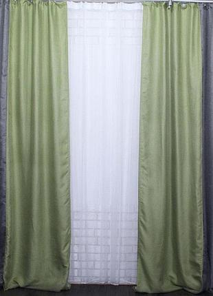 Комбіновані готові штори з тканини льон, колір сірий с оливковим