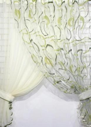 Кухонний комплект (330х170см), шторки із підв'язками "дует". колір бежевий з салатовим та зеленим