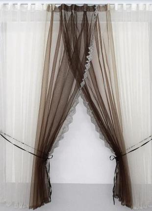 Фіранка фатин з вишивкою 490х170см. колір венге з білим