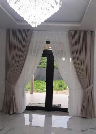 Комплект штор мікровелюр та шифон, колір бежевий з білим