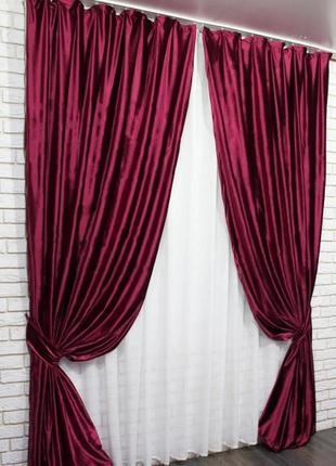 Комплект (2шт. 1,5х2,8м) штор із тканини велюр. колір бордовий7 фото