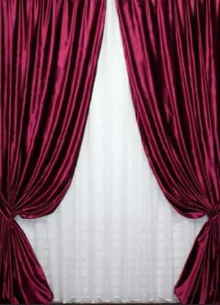 Комплект (2шт. 1,5х2,8м) штор із тканини велюр. колір бордовий8 фото