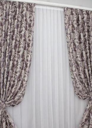 Штори з тканини блекаут, (2шт. 1,5х2,75м)  колекція "лілія". колір ліловий з бежевим1 фото