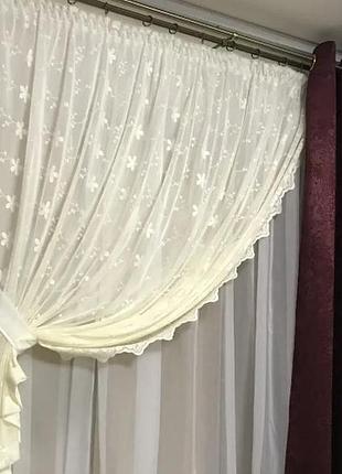 Фіранка на кухню зі шторою на люверсах домініка. колір бордовий