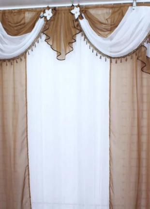 Комплект ламбрекен зі шторами на карниз 3 м, колір коричневий2 фото
