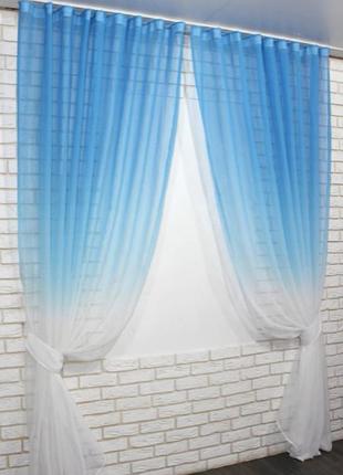 Комплект (2шт. 2х2,65м) декоративных штор, "омбре" из батиста. цвет голубой с белым6 фото