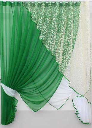 Комплект шторок (320х170см) з підв'язками. колір зелений з білим