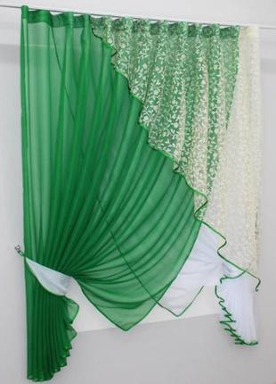 Комплект шторок (320х170см) з підв'язками. колір зелений з білим3 фото
