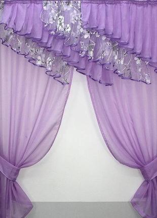 Кухонний комплект шторки (150х170см)з ламбрекеном. колір бузковий з білим