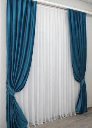 Комплект штор  (2шт. 1,5х2,75м) із тканини велюр. колір морської бірюзи4 фото