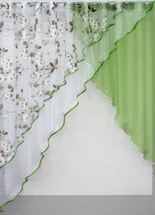 Шторки на кухню, балкон (275х170см) шифон та органза. колір салатовий з білим