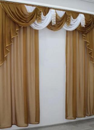 Комплект готових штор з ламбрекеном на карниз 2,5м. колір коричневий з білим2 фото