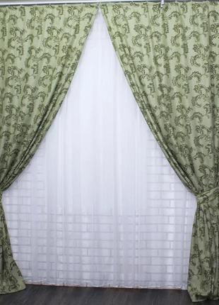 Готові штори (2шт. 1х2,75м.) з тканини блекаут льон. колір оливковий