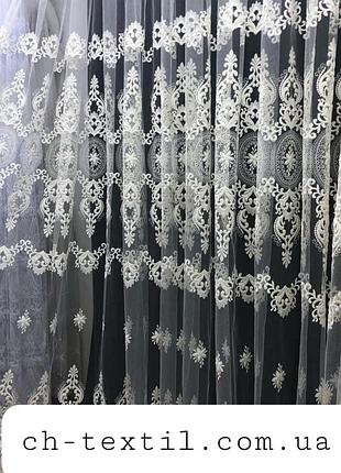 Тюль фатін з вишивкою, грек сітка. колір молочний