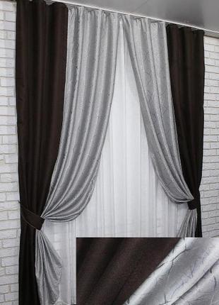 Комбіновані штори з тканини льон-блекаут. колір венге із сірим