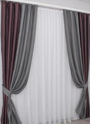 Комплект готових штор (2 шт. 1,5х2,7м) з тканини блекаут-софт. колір марсала з графітовим4 фото