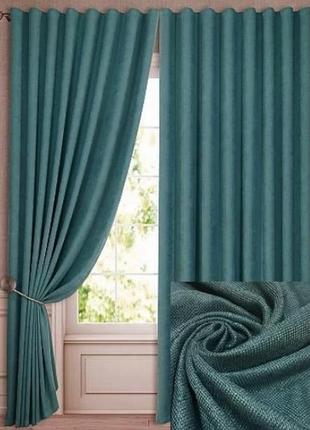 Комплект готовых штор из ткани лен - блекаут "вербена", колір бірюзовий1 фото
