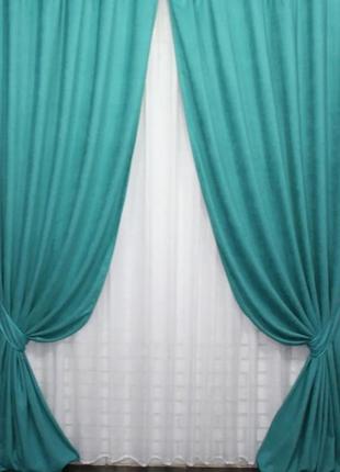 Комплект штор із тканини мікровелюр petek, туреччина. колір бірюзовий5 фото