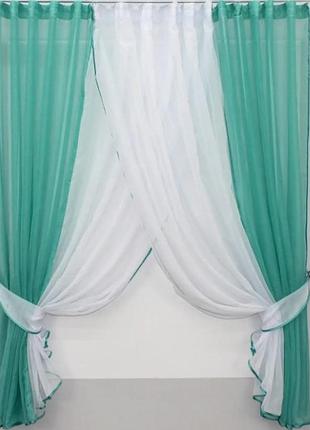 Шторки на кухню шифон (400х170см) з підв'язками. колір бірюзовий з білим