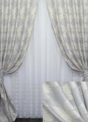 Комплект (2шт 1.5х2.7м) штор з тканини льон рогожка, колекція "корона марія". колір світло-сірий з молочним