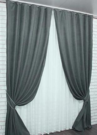 Комплект (2 шт. 1х3,м.) штор із тканини мікровелюр "petek-люкс", туреччина. колір графітовий3 фото