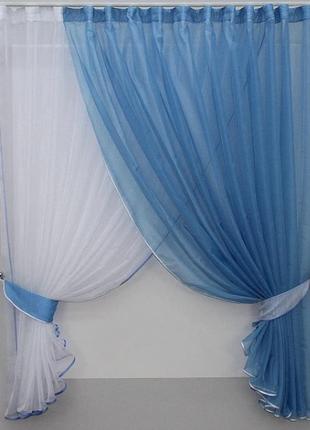 Комплект штор на кухню 330х170 см "дує". колір білий з блакитним