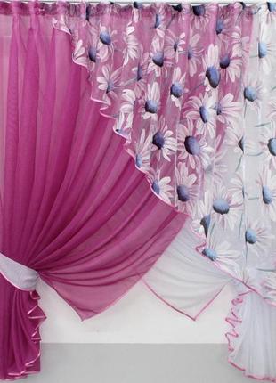Фіранка на кухню, балкон (300х170см) шифон та органза. колір малиновий з білим