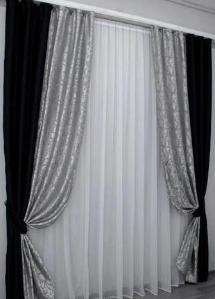 Комбіновані (2шт. 1,5х2,7м) штори з тканини бдекаут та жакард. колір чорний з сірим4 фото