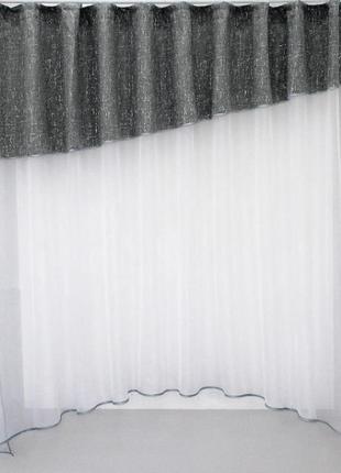 Гарні шторки на кухню з ламбрекеном (270х170см) шифон та льон. колір білий з сірим1 фото