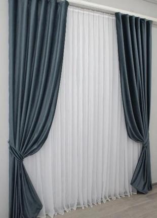 Комплект штор kadife (2шт. 1,5х2,75м) із тканини оксамит. колір темно-синій3 фото
