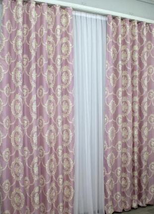 Тканина льон, колекція "корона". колір рожевий з бежевим візерунком4 фото