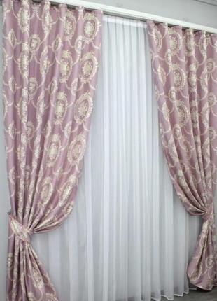 Тканина льон, колекція "корона". колір рожевий з бежевим візерунком2 фото