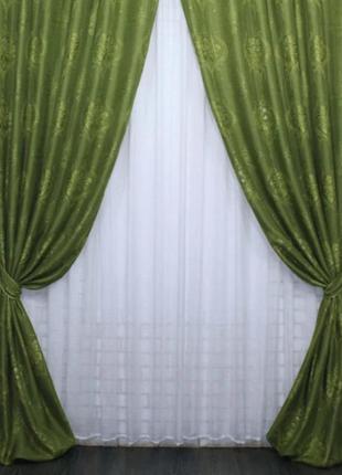 Щільні штори з тканини льон рогожка "корона марія". колір світло-оливковий з візерунком3 фото