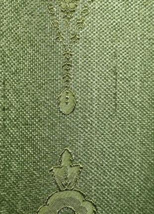 Щільні штори з тканини льон рогожка "корона марія". колір світло-оливковий з візерунком7 фото