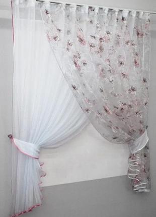 Шторки на кухню, балкон 300х170см "дует". колір білий з пудровим