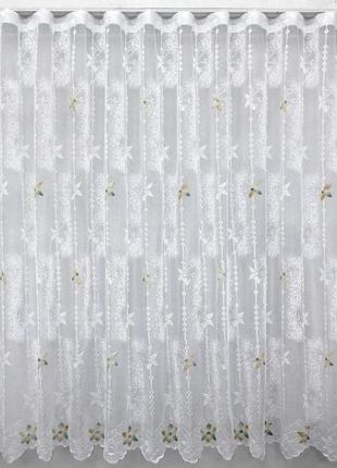 Коротка тюль з жакарду, висота 2 м. колір білий з зеленим та золотистим3 фото