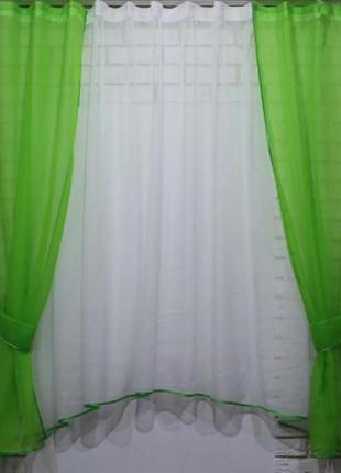 Комплект кухонних шторок із підв'язками. колір зелений з білим1 фото