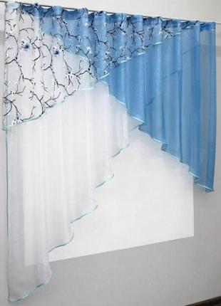 Кухонні шторки (290х170см) шифон та льон колір блакитний з білим2 фото