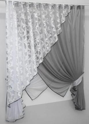 Комплект штор на кухню (300х170 см) шифон та органза. колір сірий з білим3 фото