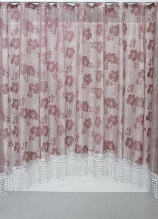 Тюль арка (290х165см) з бахромою. колір рожевий з білим