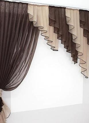 Кухонная занавеска, ламбрекен и тюль цвет венге с какао