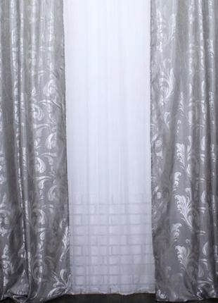 Дві готові штори з жакарду "лілія", колір сірий (1*2,7)3 фото