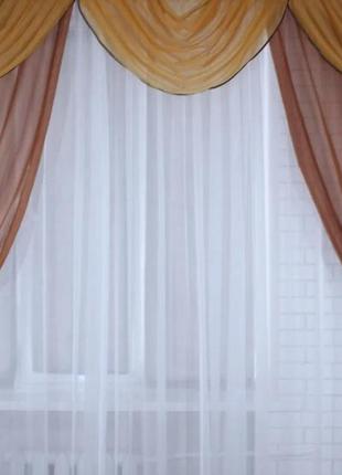 Комплект ламбрекен зі шторами із шифону, колір бурштиновий із кавовим5 фото
